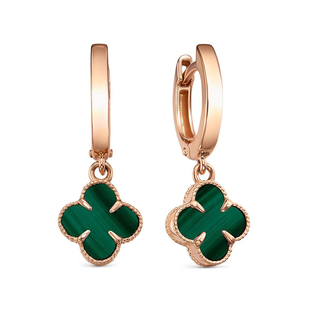 Серьги длинные Berger, красное золото 585 проба, вставка малахит (Berger, Россия) — от 2081.63 руб. в сети магазинов DIAMANTE забронировать в магазине Серьги длинные Berger, красное золото 585 проба, вставка малахит